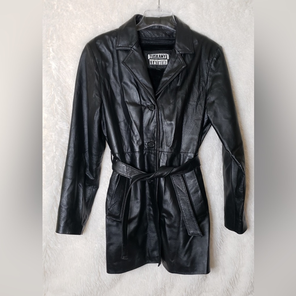 Vintage TUSKANY Leather Black Belted Fully Lined Jacket Size M